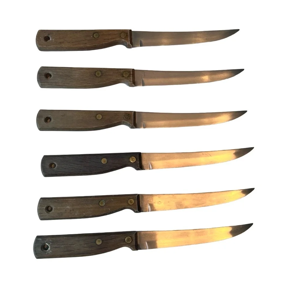 Vintage Butcher Block Knives Set of 6 Steak Knives Serrated Wood Handle Riveted